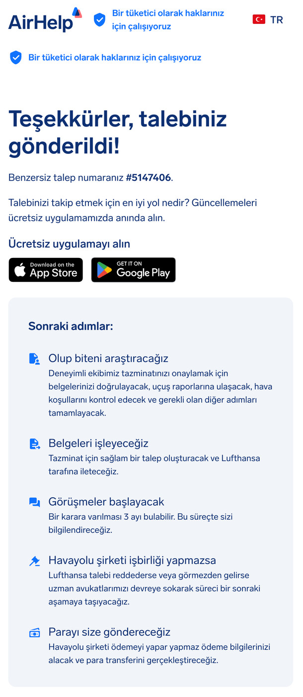 Benzersiz bir talep numarası ve AirHelp uygulamasına bağlantılar içeren talep gönderimi onay sayfası.