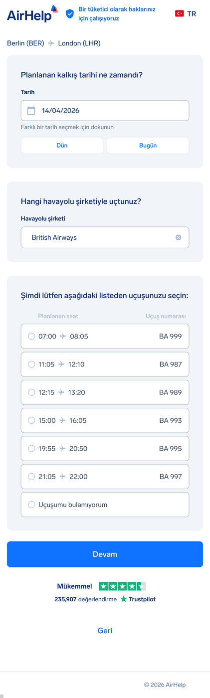 Uçuş detayları adımı: Planlanan kalkış tarihi, hava yolu adı ve uçuş numarası alanları.