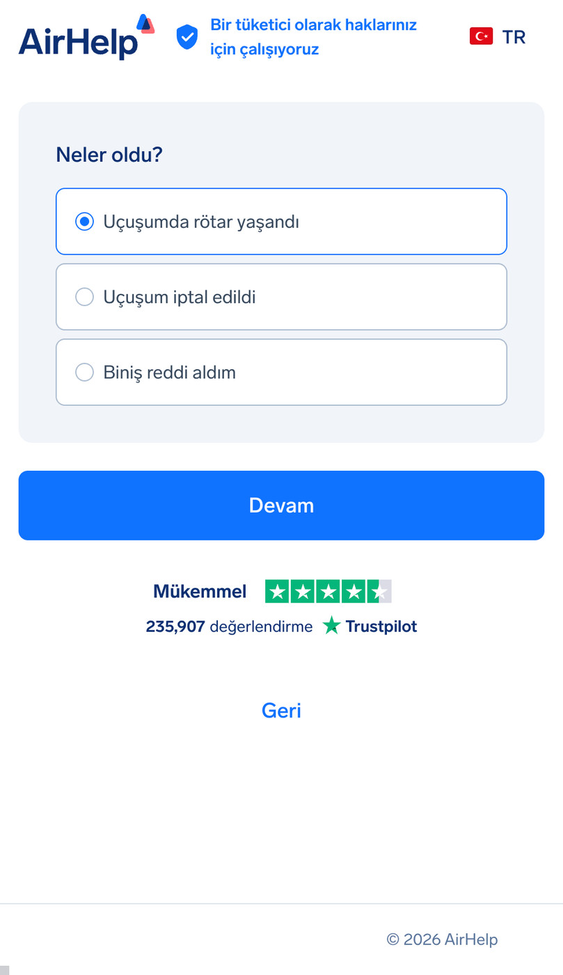 Uçuş aksaklığı seçimi: Rötar, iptal veya uçağa alınmama seçenekleri.