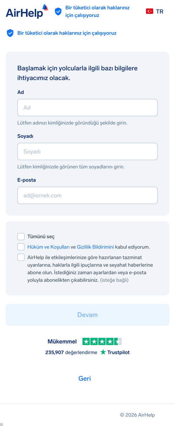 Ad, soyad ve e-posta adresi alanlarını içeren yolcu bilgileri formu.