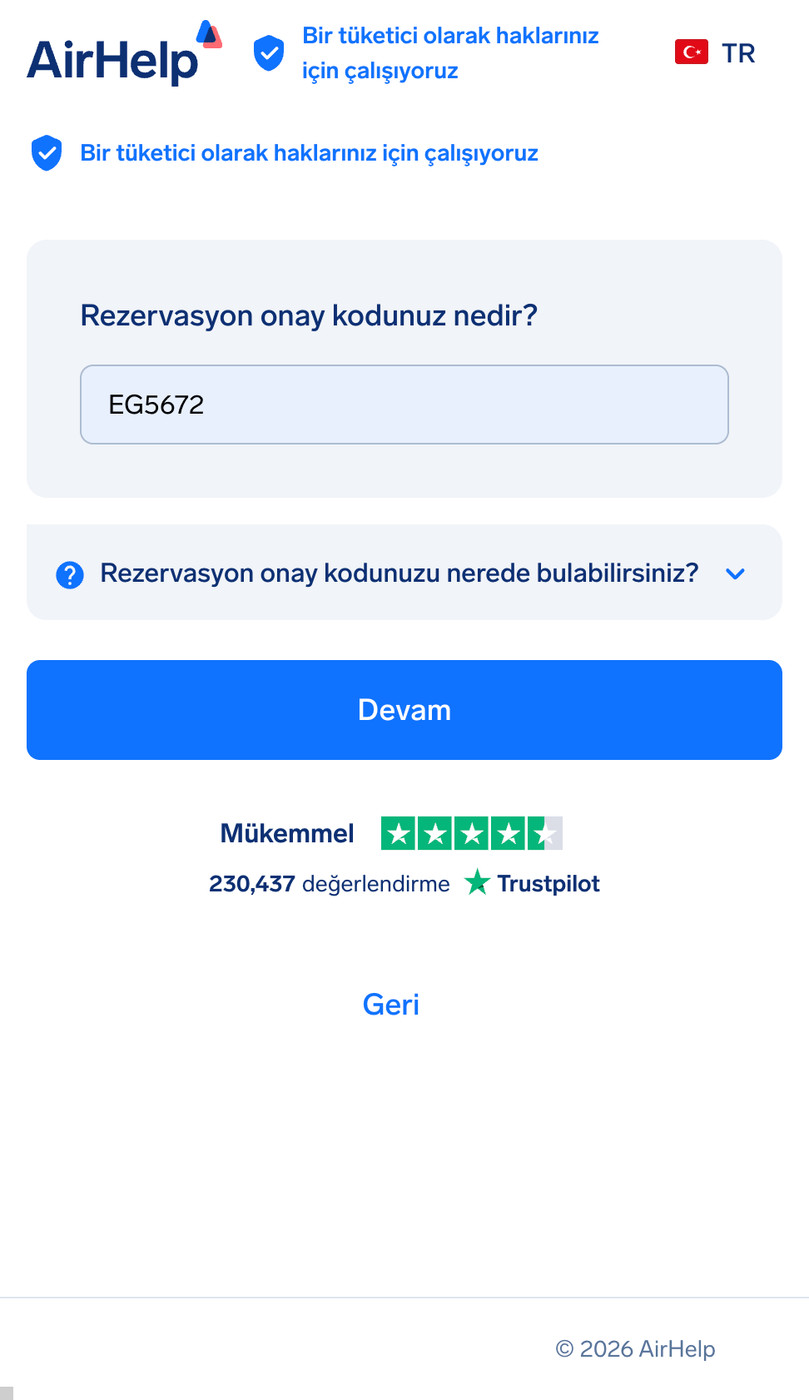 Kodun bulunmasına yardımcı olan bir açılır menü içeren rezervasyon numarası giriş alanı.