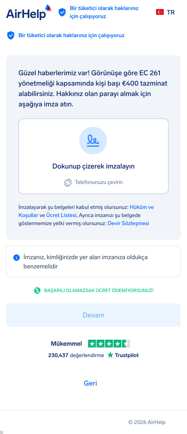 Hak talebini yetkilendirmek için AirHelp temlik sözleşmesi için dijital imza kutusu.