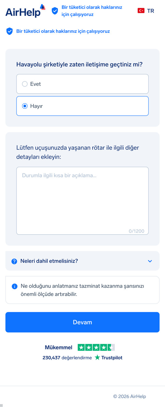 Olay açıklaması ve hava yolu iletişim durumu için metin alanı içeren ek uçuş detayları formu.