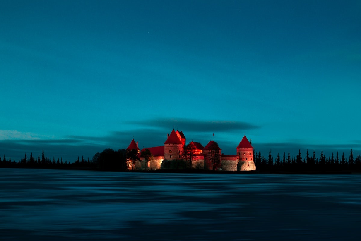 Castle at night in Trakai, Lithuania