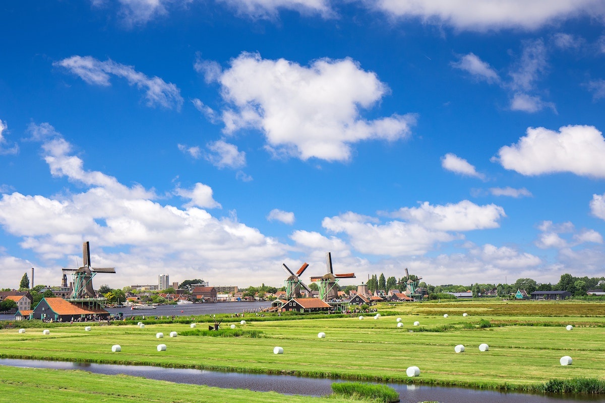 Dutch windmills on a sunny day.