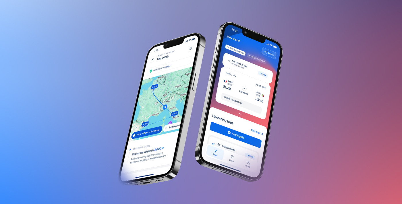O imagine cu două smartphone-uri care afișează pe ecranele lor AirHelp Flight & Claim Tracker.