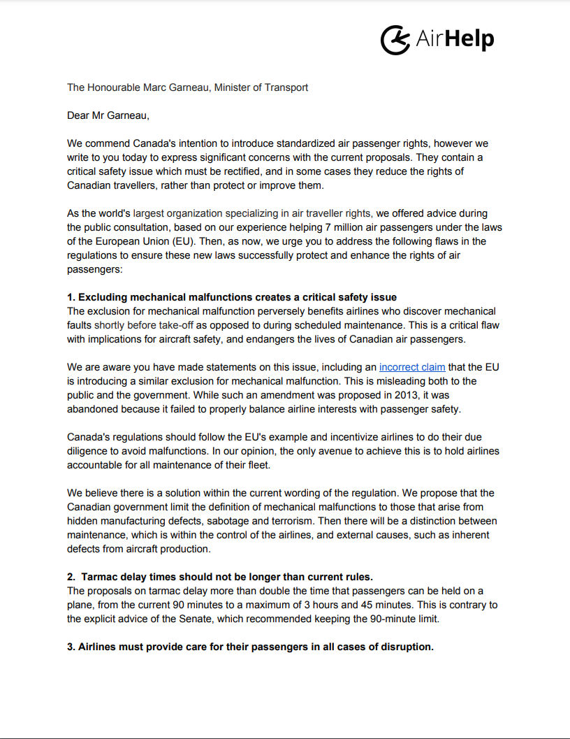 Letter to Marc Garneau, Minister of Transport, part 1