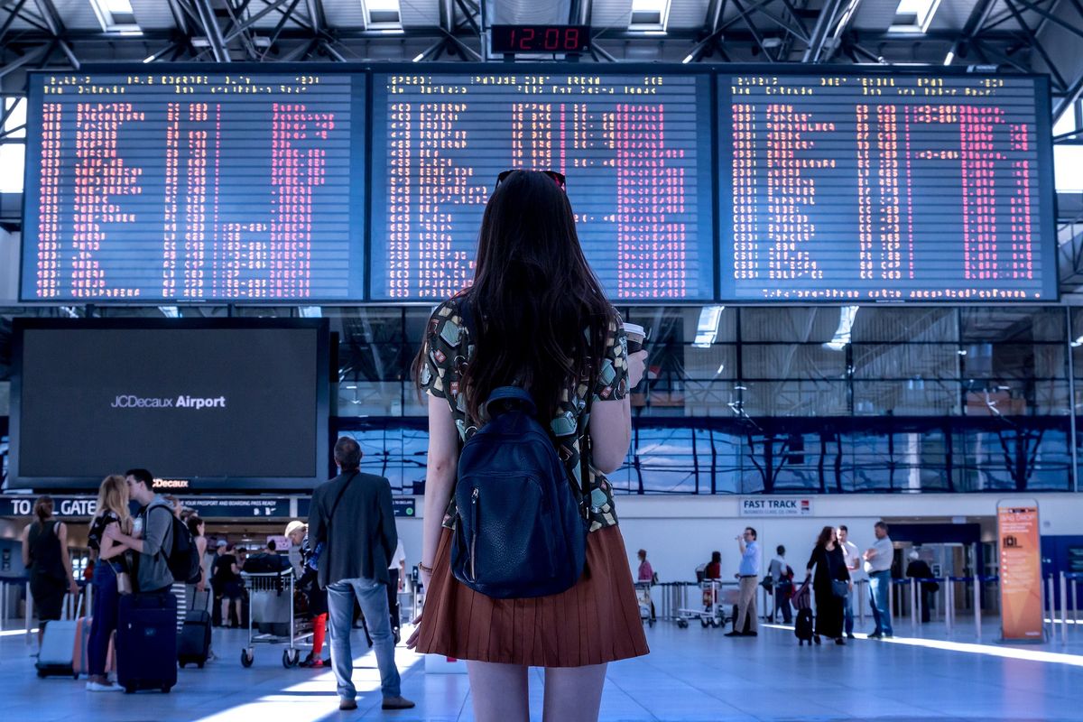 Passenger standing in front of flight screen at airport terminal