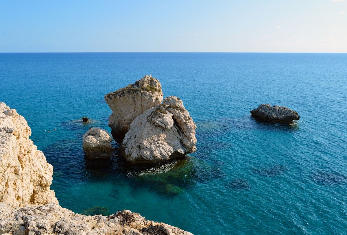 View of the sea at Cyprus with large rocks and cliffs. 
