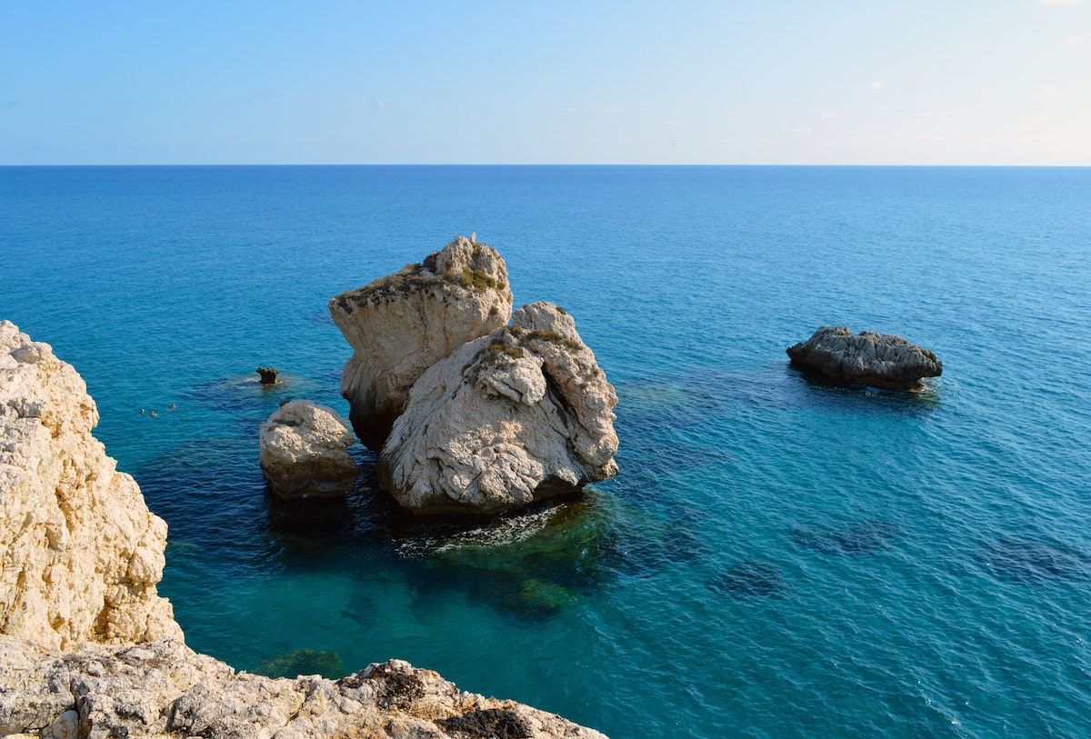 View of the sea at Cyprus with large rocks and cliffs.