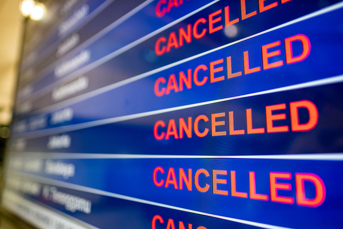 canceled flight screen at an airport