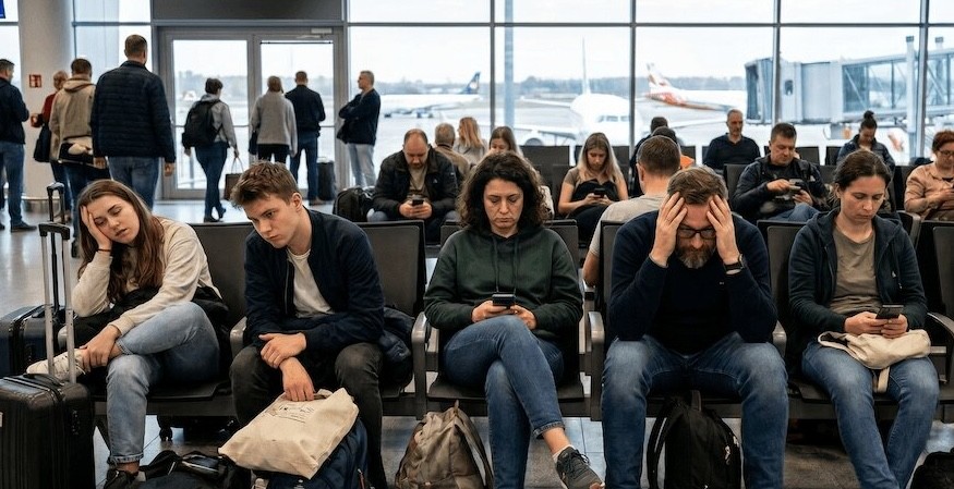 A group of frustrated and tired passengers sitting in an airport waiting area