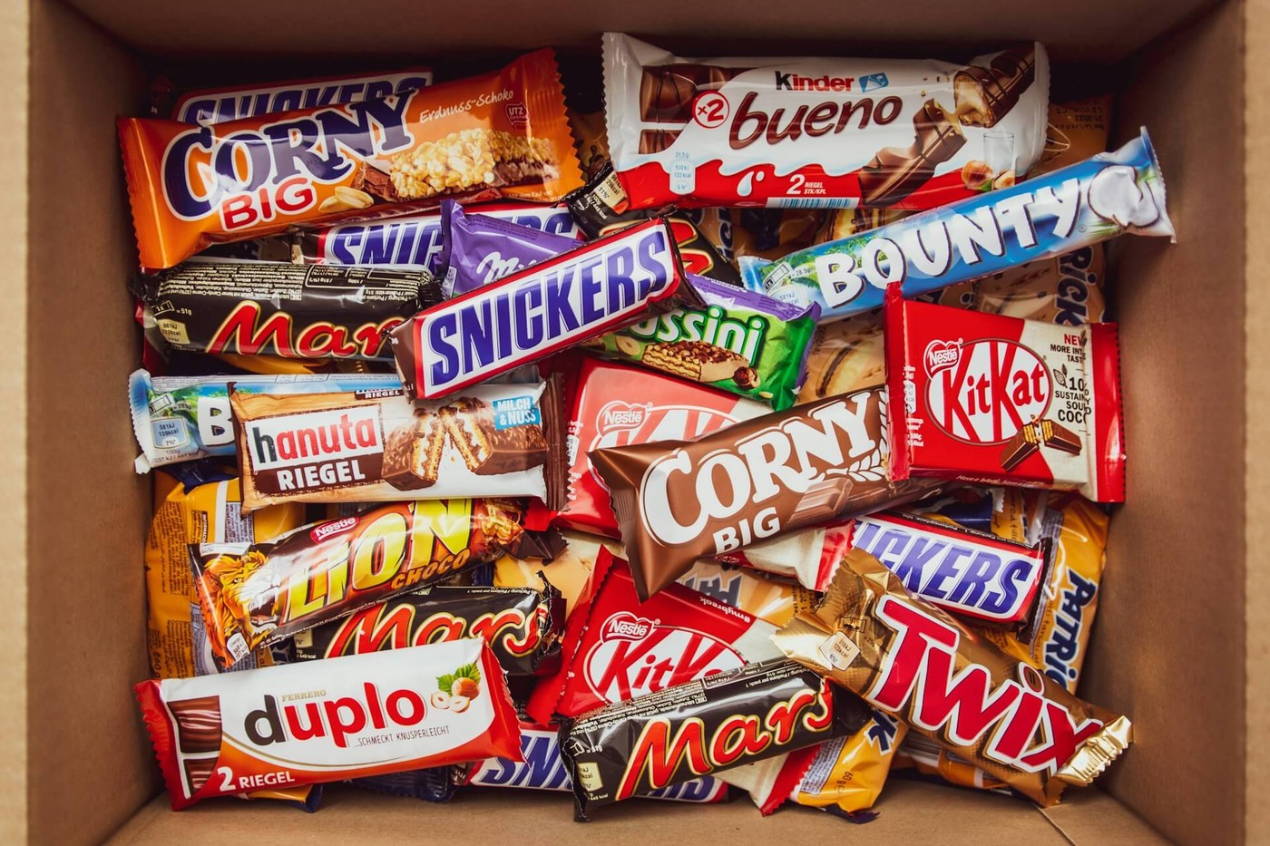 Snacks and candy bars in a box