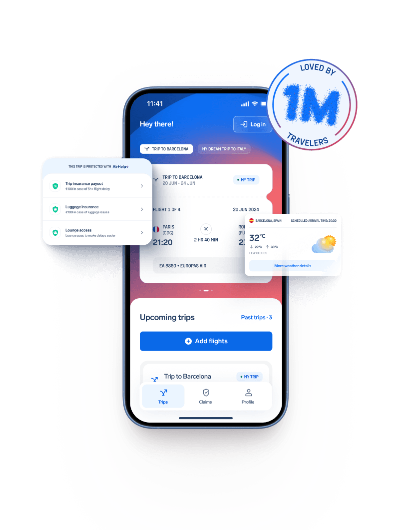 A smartphone mockup displaying the AirHelp mobile app interface with flight details, upcoming trips manager, weather info, and a badge that reads "Loved by 1M Travelers.
