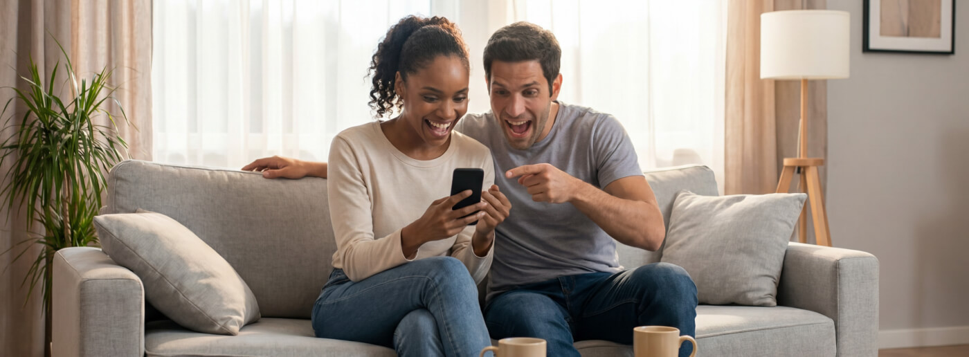 Smiling couple using a mobile app on a smartphone, celebrating a successful flight compensation claim or partnership commission.
