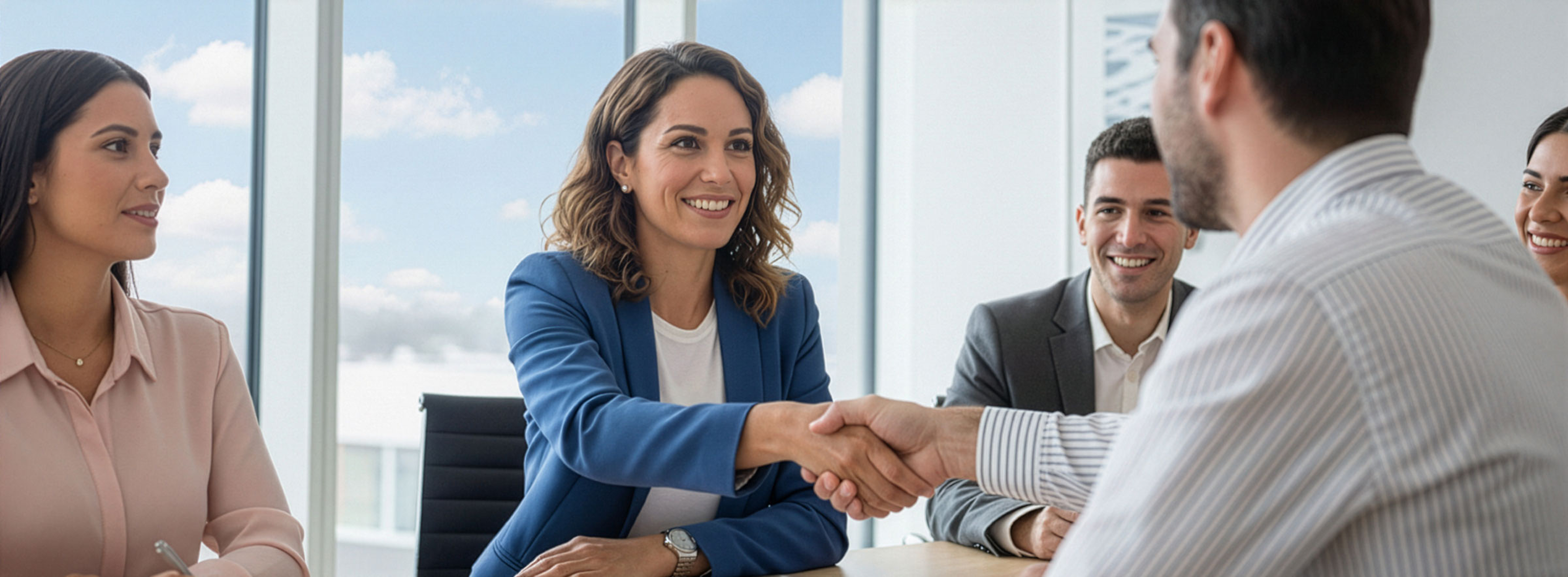 A businesswoman confidently shakes the hand of her business partner.
