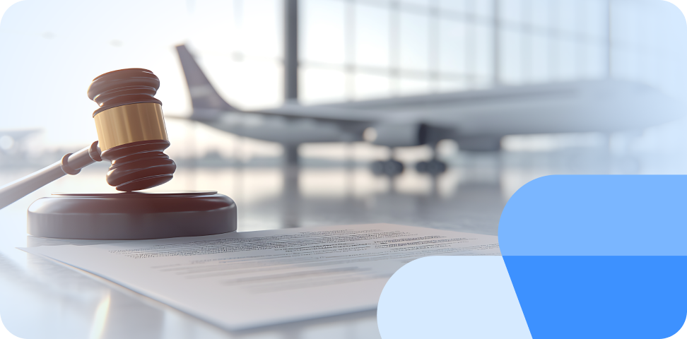 A gavel comes down in an airport, representing justice and the Montreal Convention
