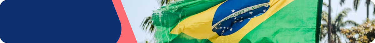 A Brazil flag flies through the air with the sun and trees in the background