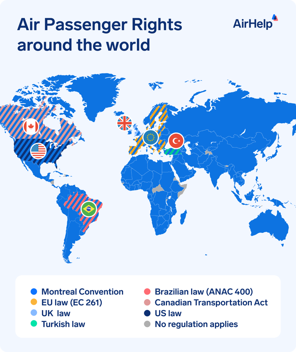 Map of the world showing where the major air passenger rights, EC 261, UK 261, the Montreal Convention, Brazilian, Canadian and US laws apply