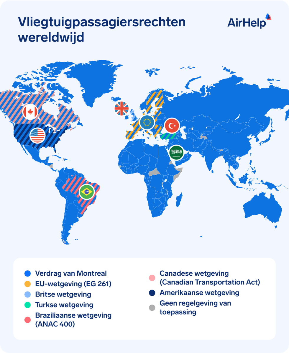 Wereldkaart met de locaties waar de belangrijkste rechten van vliegtuigpassagiers, EC 261, UK 261, het Verdrag van Montreal en de Braziliaanse, Canadese en Amerikaanse wetten van toepassing zijn